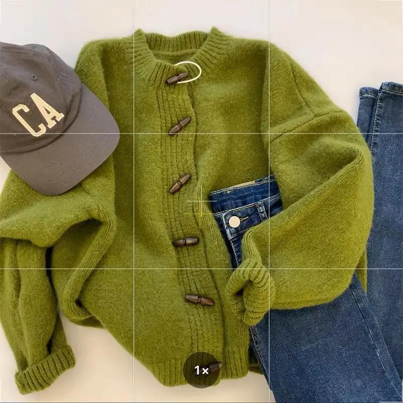 Spring Autumn Vintage Soft Supple Round Neck Sweater Knitted Cardigan Jacket for Women Top