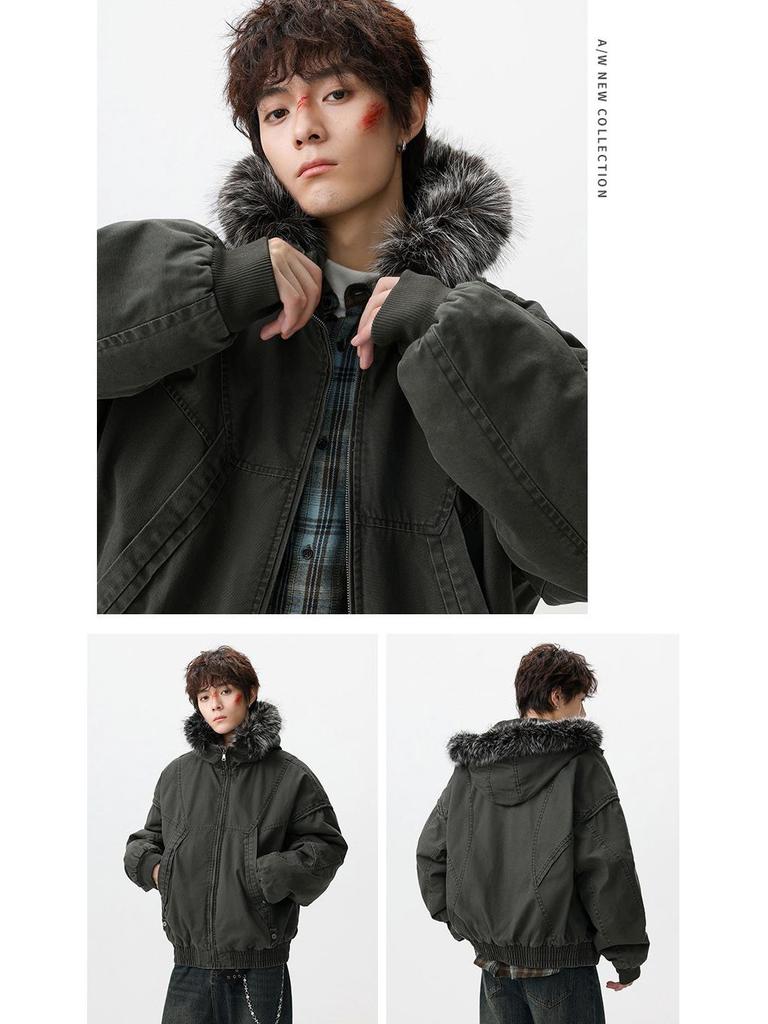 Men's Winter Retro Haute Couture Cotton Jacket with Fur Collar, Plus Velvet Thickened, Warm Outerwear.