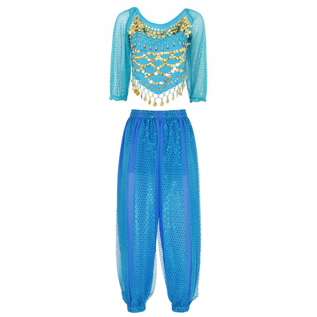 Женский костюм для танца живота, расшитый блестками шифоновый топ с шароварами, завязывающийся сзади дизайн для сценических выступлений