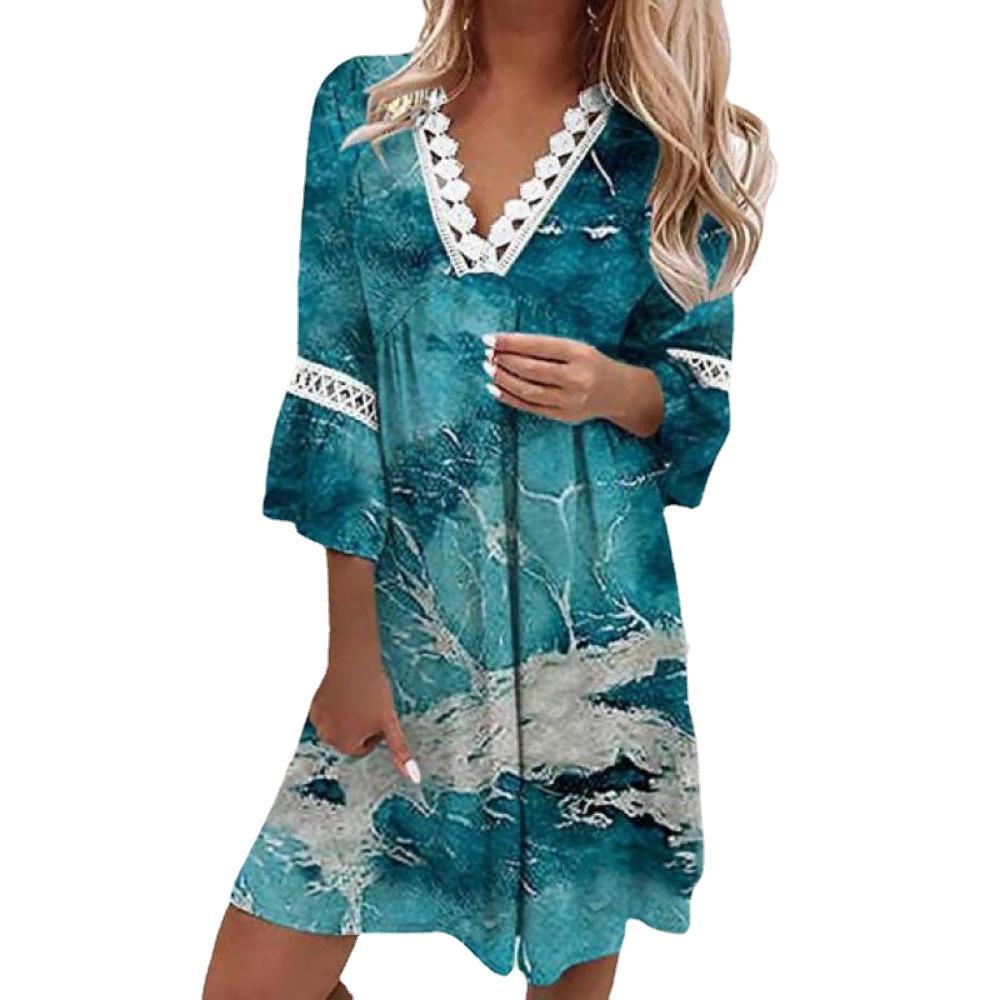 Летнее кружевное лоскутное платье с v-образным вырезом и рюшами, рукавами три четверти и цветочным принтом, женская одежда трапециевидной формы больших размеров