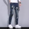 Heavy Crafted Zip Straight Leg Jeans Small Leg Jeans Embroidered Blue Casual Jeans Men's Pants