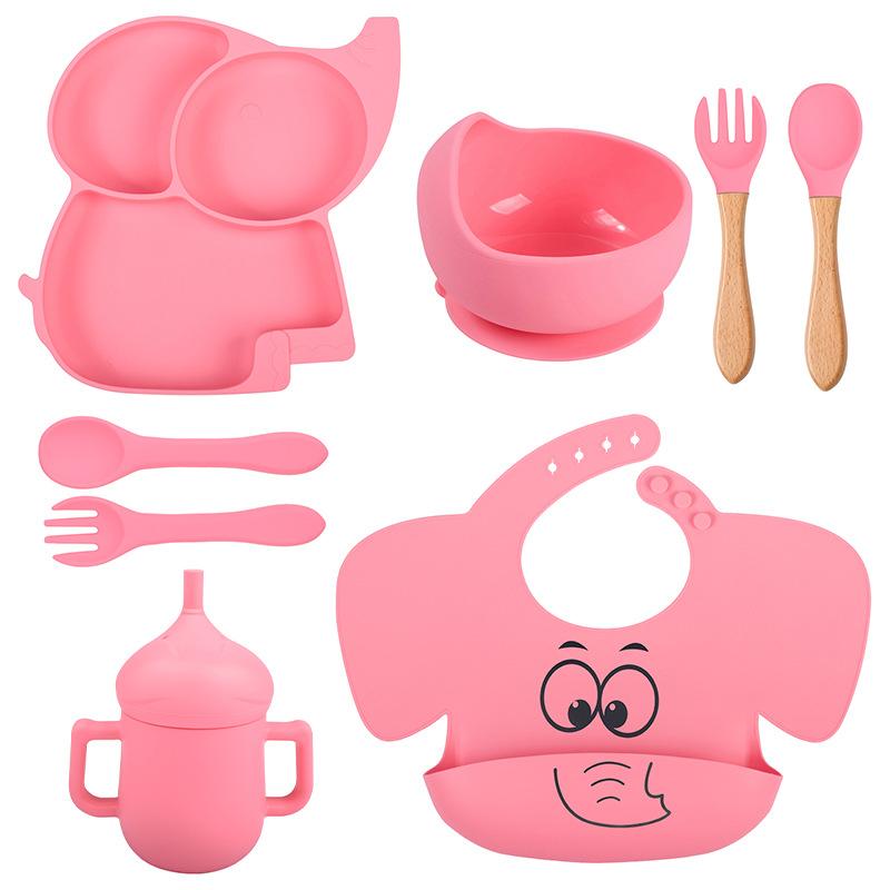 8 шт./компл. набор силиконовой посуды «Слоненок», детские блюда для кормления, миска без бисфенола А, тарелка, нагрудники, наборы ложек и вилок, детская нескользящая посуда
