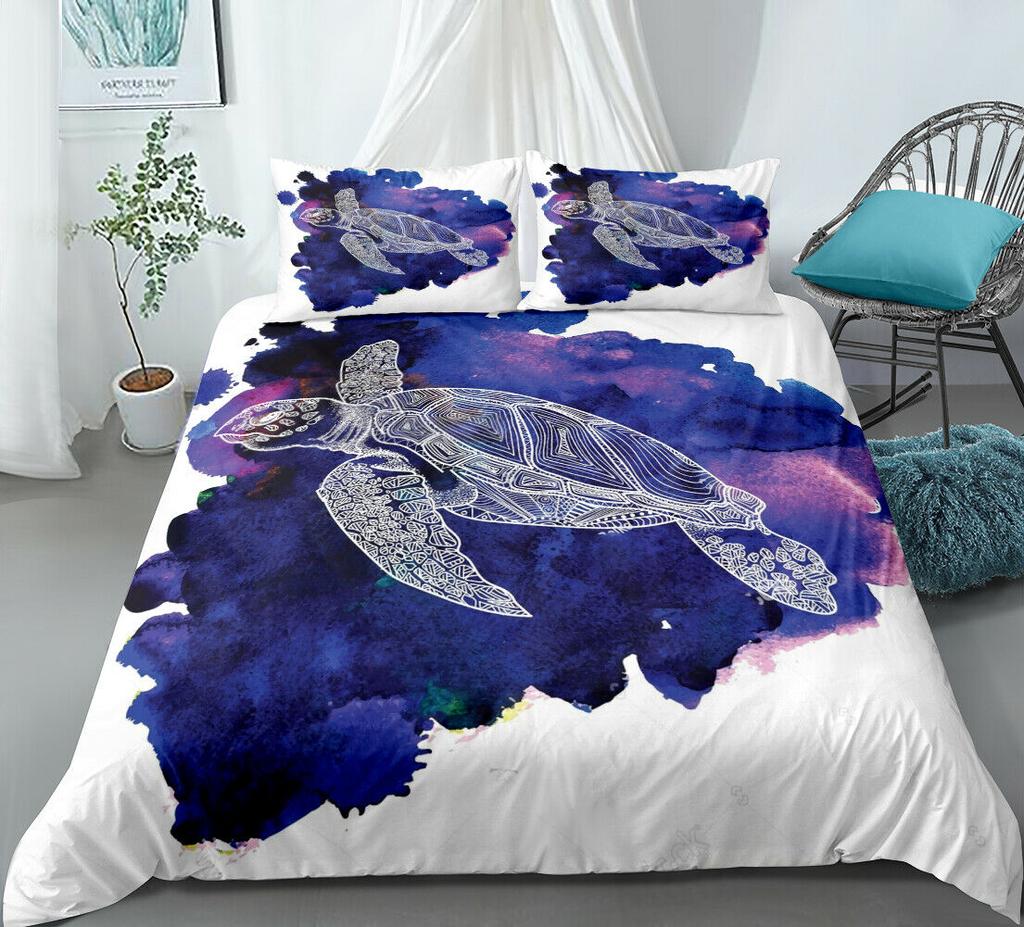 Sea Turtle Bedding Ocean Duvet Cover Set Teal Mediterranean Style Marine Theme Design Ocean Bedding Sets Queen King Twin Size