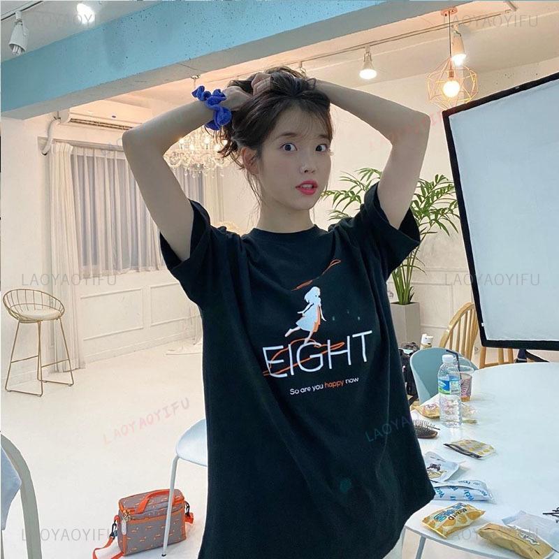 Iu Eight Anime Style Cartoon Graphic Unisex Tshirt Kpop Idol Vintage Oversized Streetwear Loose Fit Tee
