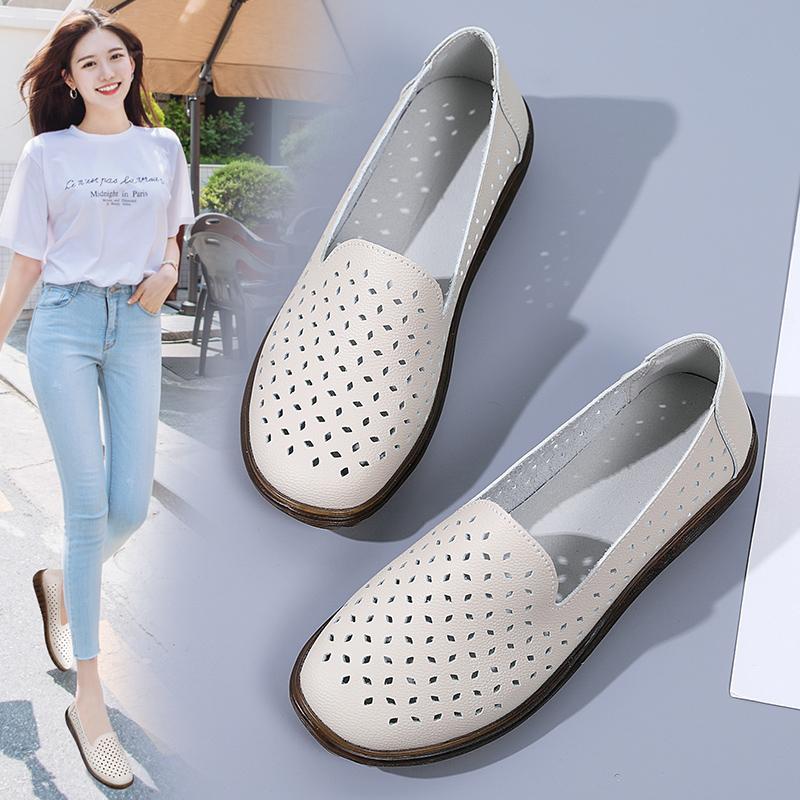 Flat Bottomed Women's Shoes Genuine Leather New Retro Women Flats Casual Slip On Hollow Clogs Woman Shoes Comfortable Hollow Out