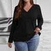 Women's Solid Color Plus Size Cross V-Neck Long Sleeved Pullover T-shirt Top