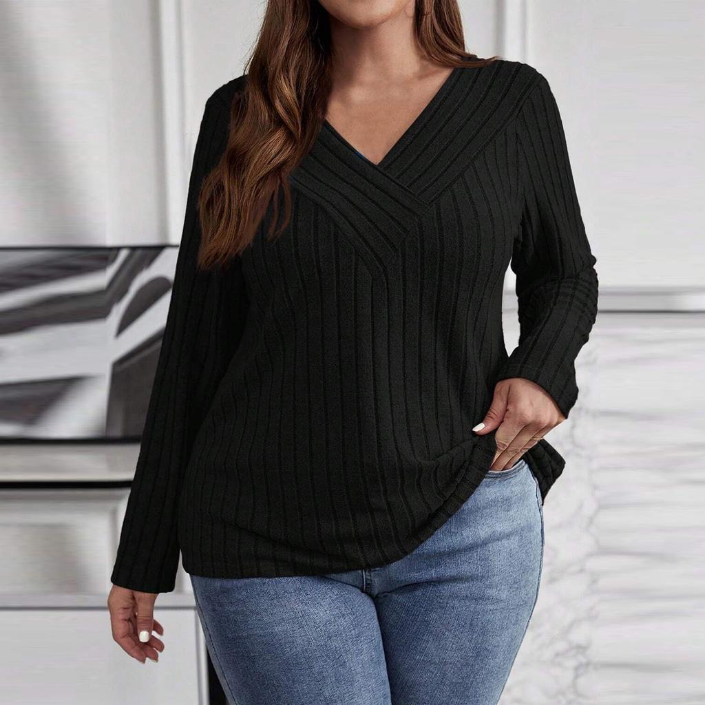 Women's Solid Color Plus Size Cross V-Neck Long Sleeved Pullover T-shirt Top