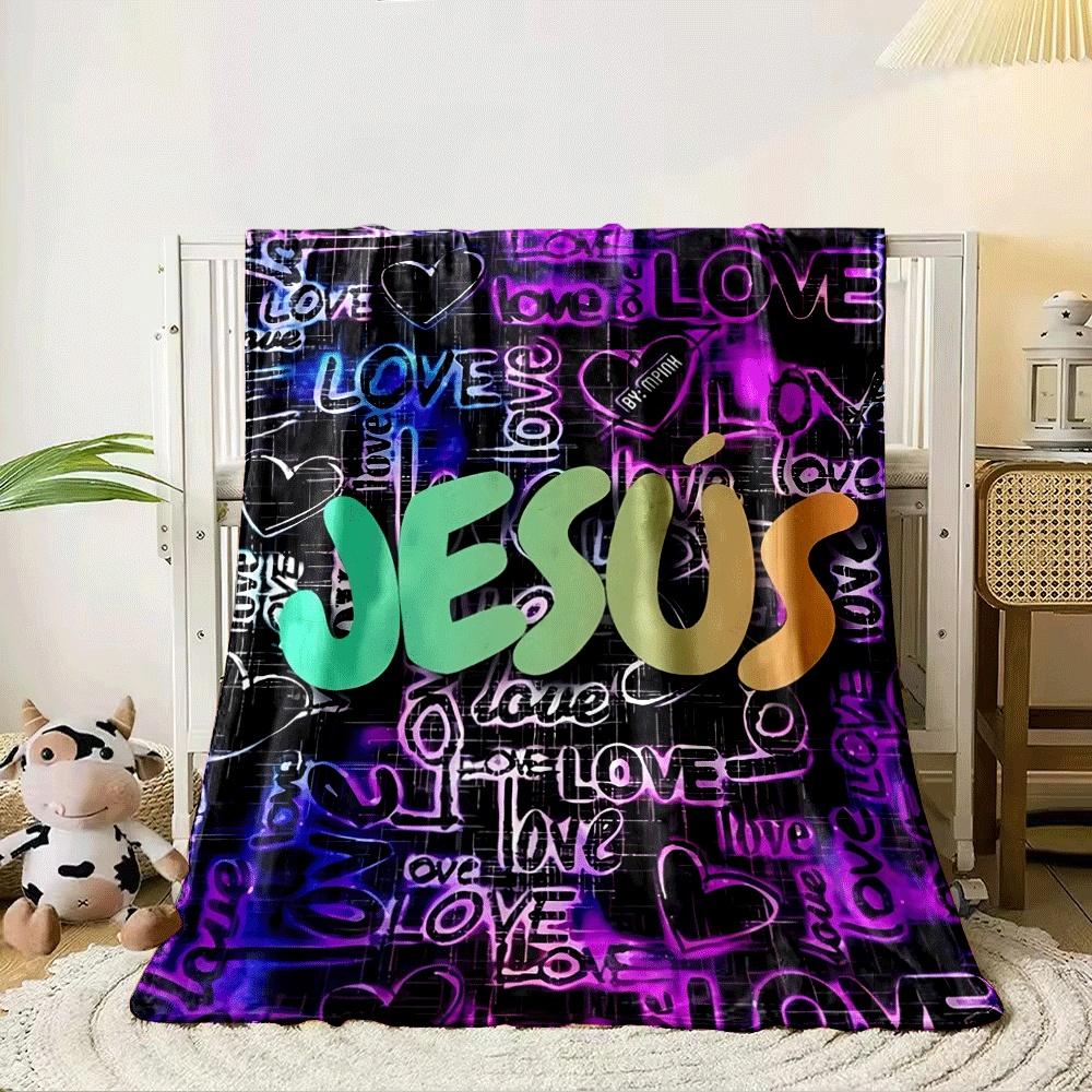 The pattern features vibrant "LOVE" text and hearts on a dark graffiti-style background. for all seasons blanket lunch break throw gift