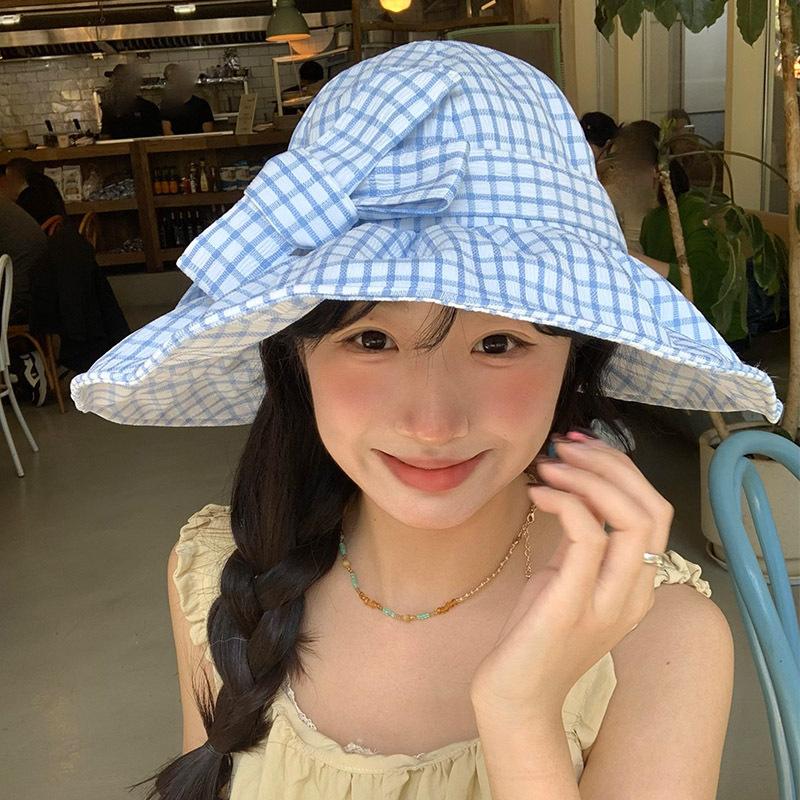 Sweet bow plaid bucket hat women's spring and summer new big eaves show small face travel shade sun hat