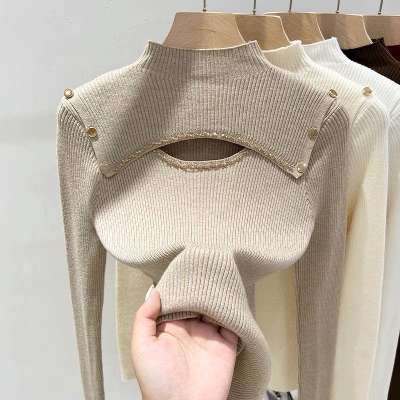 Модный дизайн Sense Hollow Out Half High Necked Толстый свитер для женщин Элегантный Новый свитер с низом Теплые топы Осень Зима Повседневный пуловер