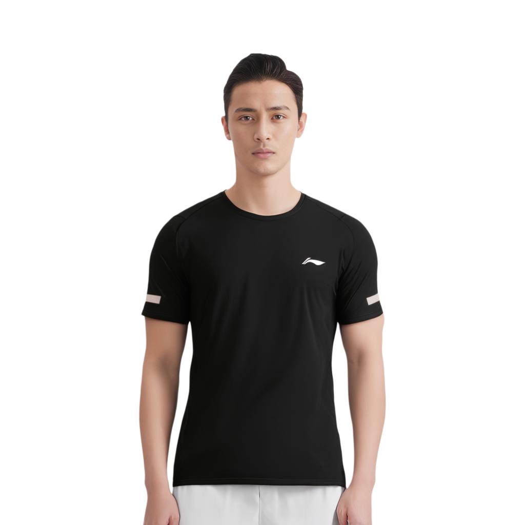 Li-Ning Футболка с круглым вырезом и буквенным принтом, свободная посадка, спущенные плечи, дышащая, прямого кроя, модная, с коротким рукавом, мужские топы, черного цвета YTSU163-3