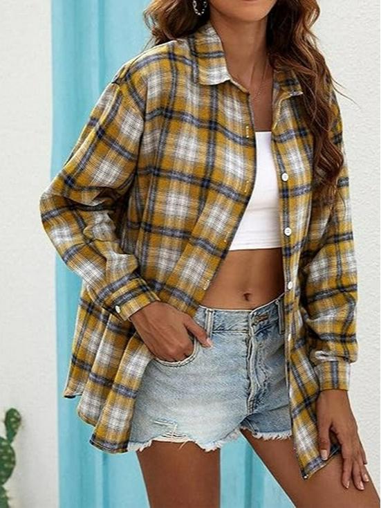 2026 Retro Plaid Yellow Women's Long Sleeve Slimming Top