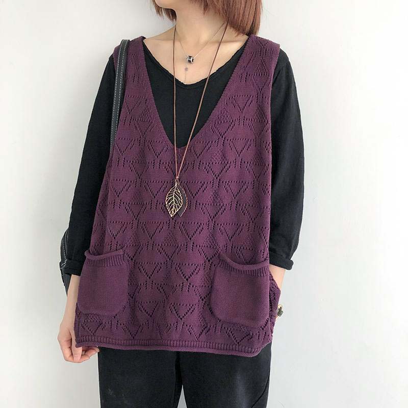 Вязаный жилет женский V-образный вырез ажурный тонкий свитер однотонный повседневный вязаный пуловер без рукавов топ с большим карманом свободный повседневный осенний