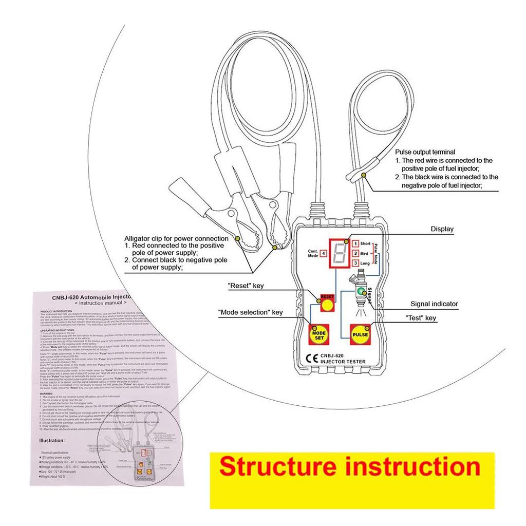 12V Fuel Injector Tester, Professional Ignition Pulse Tester, 4 Pluse Modes Powerful Fuel System Scan Tool Test Stuck/Leaking/Burnt-out Problem