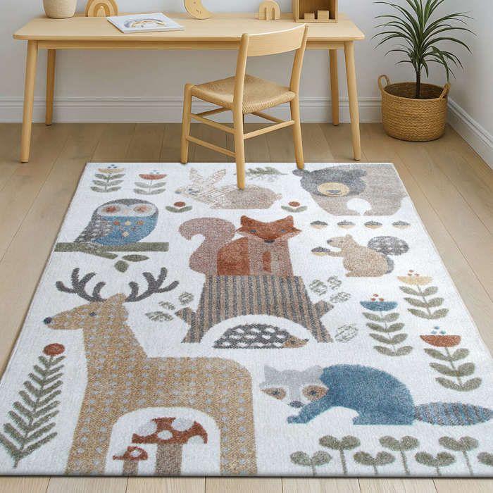 Tapis enfant lavable motif forêt gris jaune 100x150