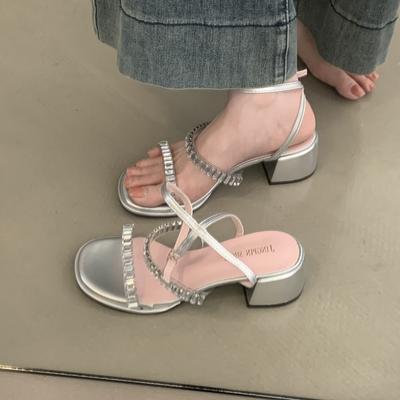 Женские летние сандалии-гладиаторы Модная обувь с узким ремешком и кристаллами Женские сандалии на толстом каблуке