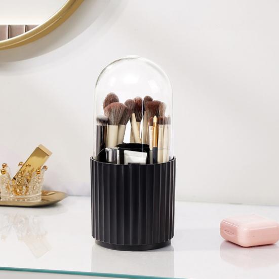 Makeup Brush Holder Transparent Dustproof Large Capacity Multi-compartment with Lid 360-degree Rotating Makeup Brush Display Case Office Supplies