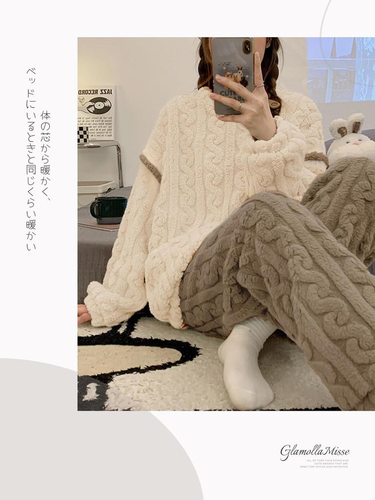 GlamollaMisse Пушистая домашняя одежда Теплая фланелевая пижама с милым кабельным круглым вырезом, длинная и идеальная для домашней одежды и для дома, идеально подходит для осени и зимы