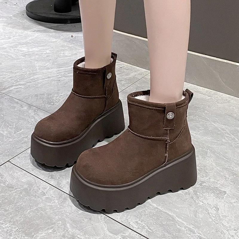 Мода 8 см Новые Зимние Женские Теплые Снежные Ботинки Каблуки Высокий Верх Спорт 2025 Осень Кроссовки Платформа Мотоциклетные Ботинки Женские Ботас Феминина
