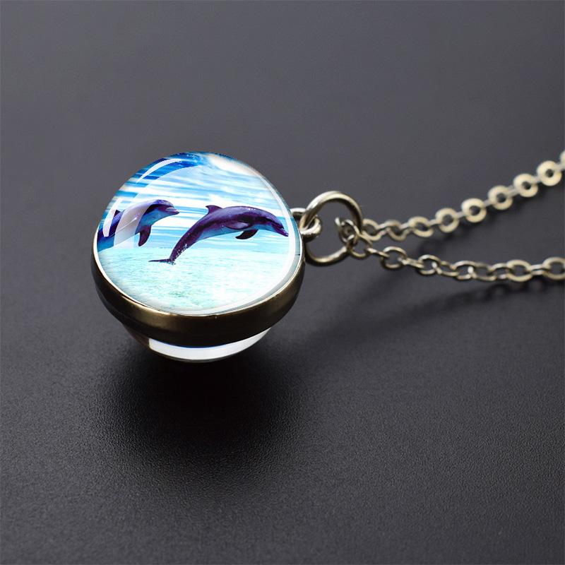 Ювелирные ожерелья с синим морем и морской жизнью, черепаха, дельфин, ракушки, двухсторонний хрустальный стеклянный шар, кулон, ожерелье для женщин и мужчин, подарок