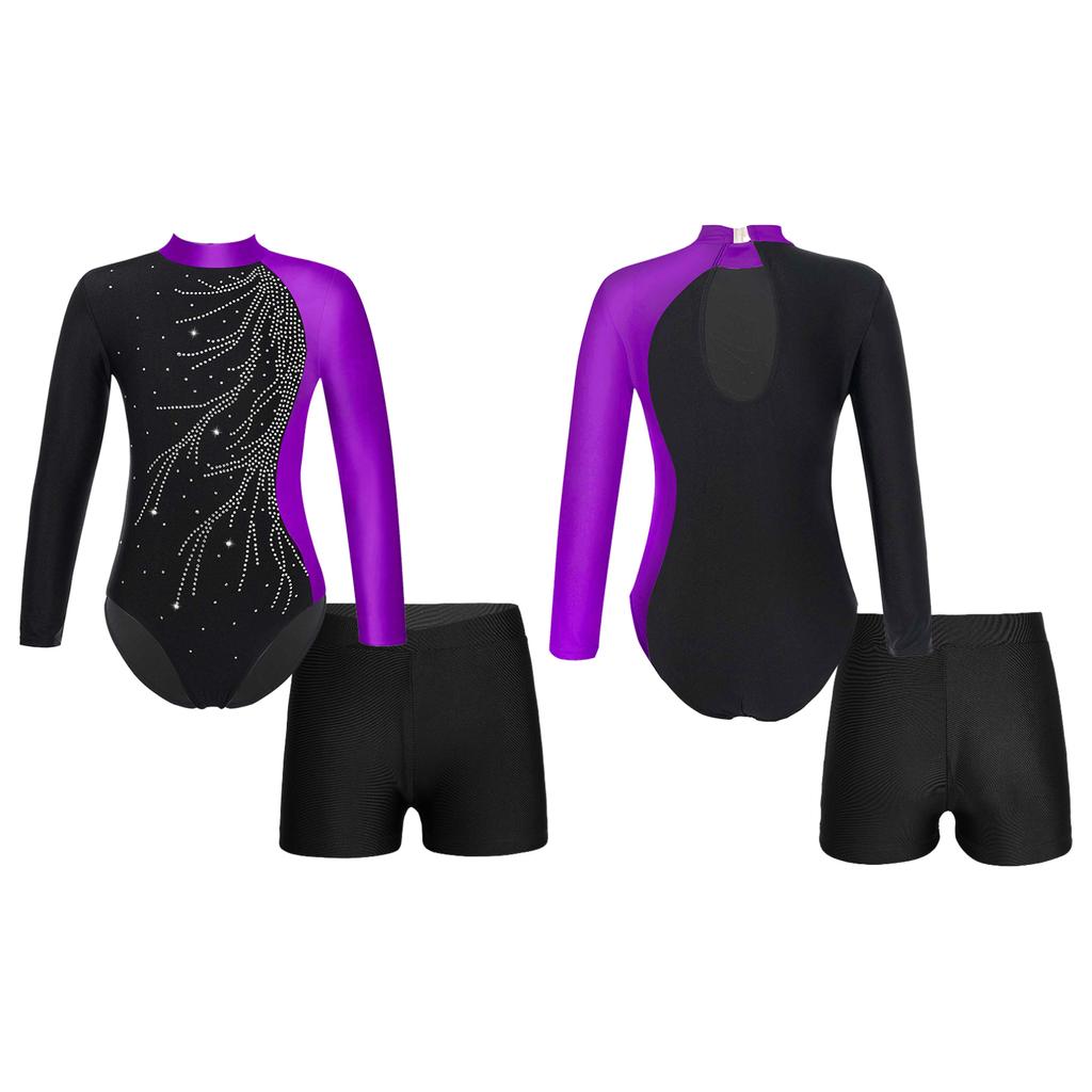 Girls Long Sleeve Gymnastics Leotard Unitard with Shorts 2 Piece Outfits Ballet Dance Bodysuit Biketard Dancewear