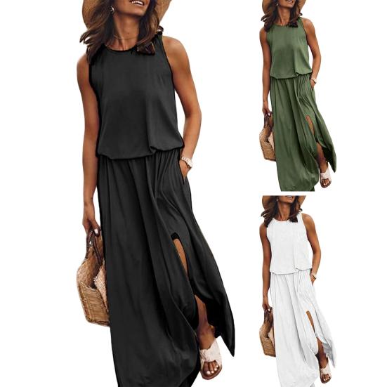 Женское платье-жилет без рукавов с боковыми разрезами и круглым вырезом, плиссированное макси-платье с карманами, однотонное свободное платье для свиданий, повседневных путешествий