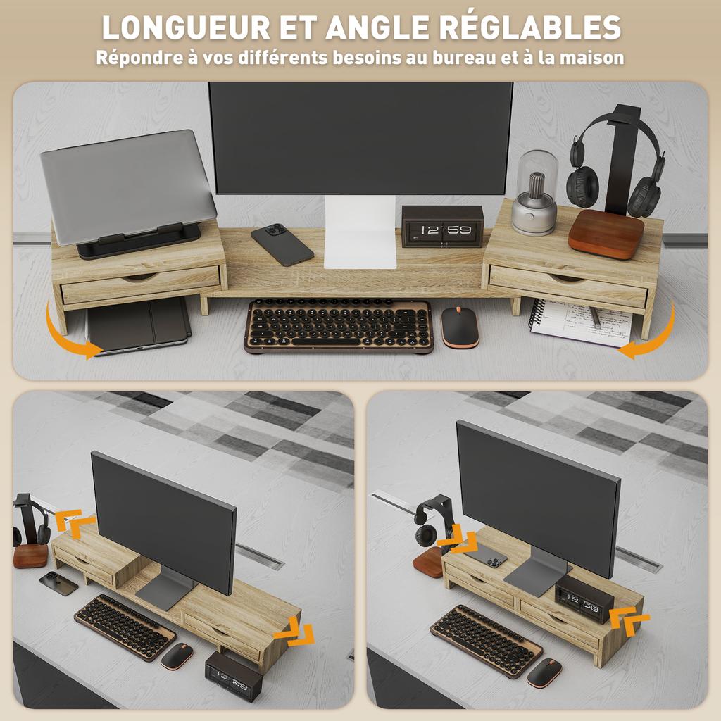PC screen riser desk computer monitor stand 60-116 cm with 2 drawers, adjustable length and angle