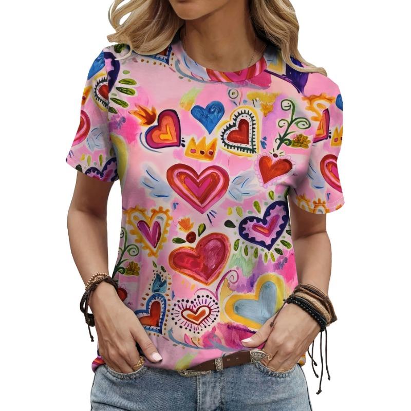 Valentine's Day Women's T-Shirt Love Heart Print Summer O Neck Short Sleeve Top Outdoor Casual T-Shirt Female Oversized Clothing