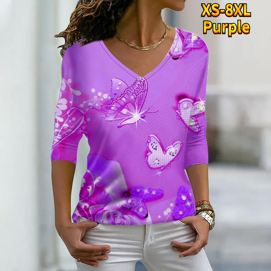 Women Autumn Floral Butterfly Flying Printed Long Sleeve T-Shirts Loose V-Neck Plus Size Tee Shirt Tops Comfy Blouse
