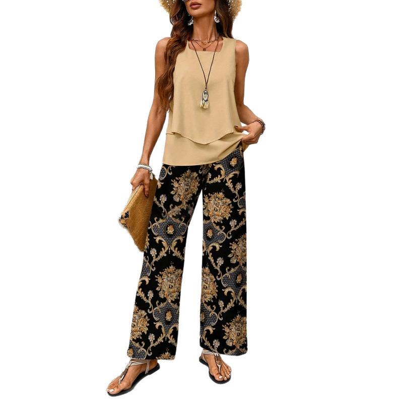 New spot European and American women's clothing hot-selling sleeveless double-layer vest pants set vacation