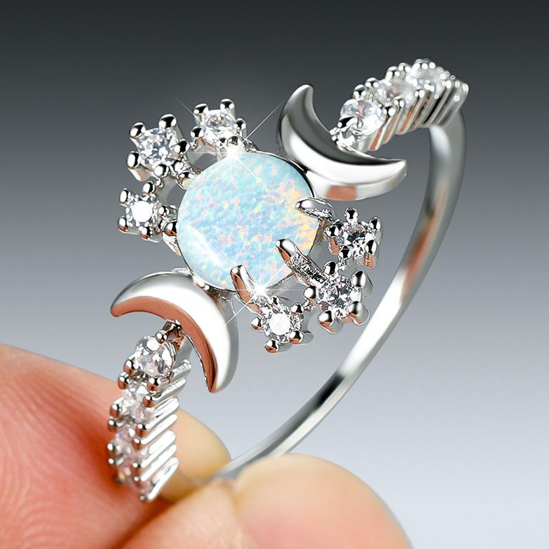 European and American personalized platinum round white opal smooth surface double moon edge inlaid with colored diamonds white diamond versatile ring