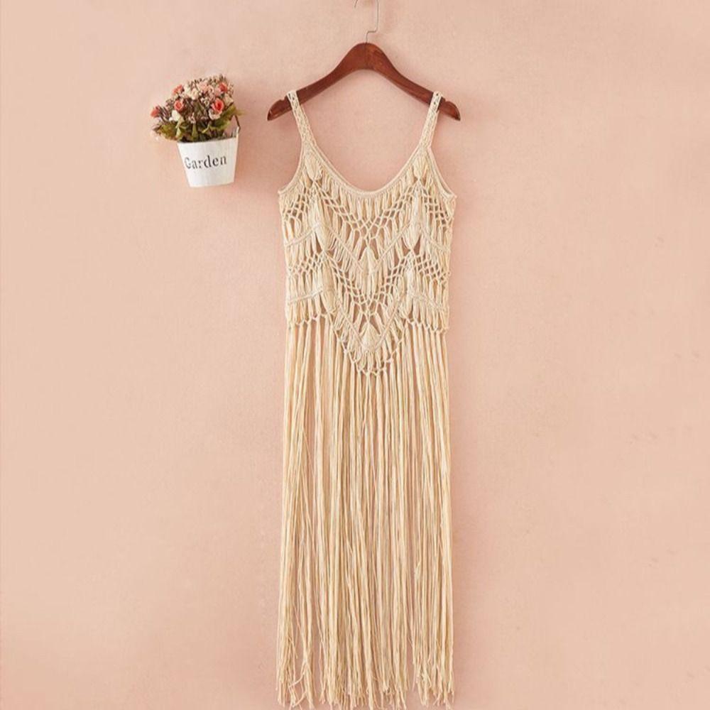 Bohemian Style Beach Dress Polyester Fibre Tassel Vest Elegant Knit Gown  Beach Vacation