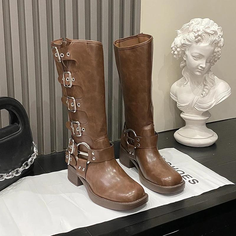 Fashion Ladies Shoes 2025 Brand Slip-on Women's Boots Fashion Metal Decoration Modern Boots Women New Belt Buckle Knee-High Bootszapatos