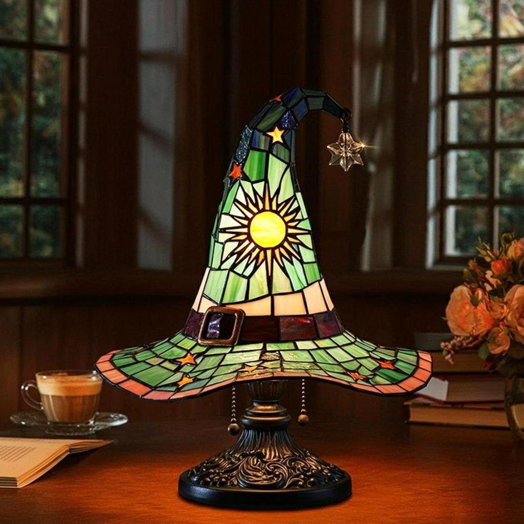 Halloween Witch Hat Lamp Resin Ornament USB Plug-in Light Decor, Festive Table Lamp