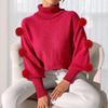 Women's Base Layer Autumn and Winter Women's Bat Sleeve Top Red Pom-pom Stitching Turtleneck Pullover Sweater