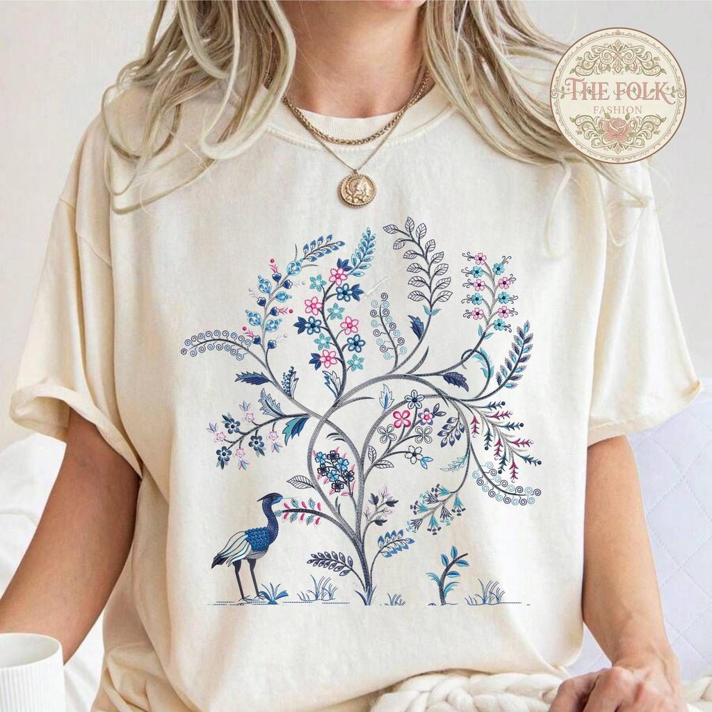 Chinoiserie Tree of Life Shirt, Vintage Bird and Floral Graphic Tee, Aesthetic Folk Art Botanical Tshirt, Comfort Colors Nature Lover Gift