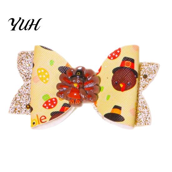 Faux Leather Hair Clips Thanksgiving Turkey Bow Clip for Girls, Decorative Pins, Autumn Seasonal Pieces Double Layer Glitter Clip, Cute Holiday Party