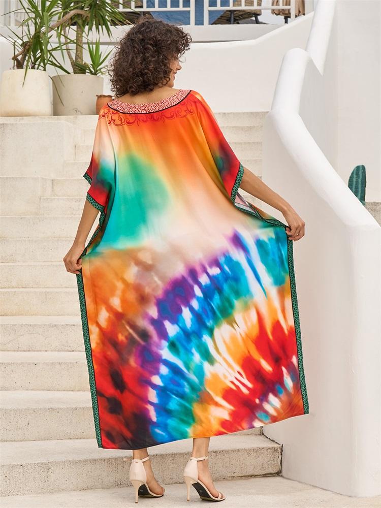EDOLYNSA 2024 Boho Colorful Printed Batwing Sleeve V-neck Beach Dress Women Summer Swimwear Coverup Cozy Plus Size Kaftan Homewear Q1674
