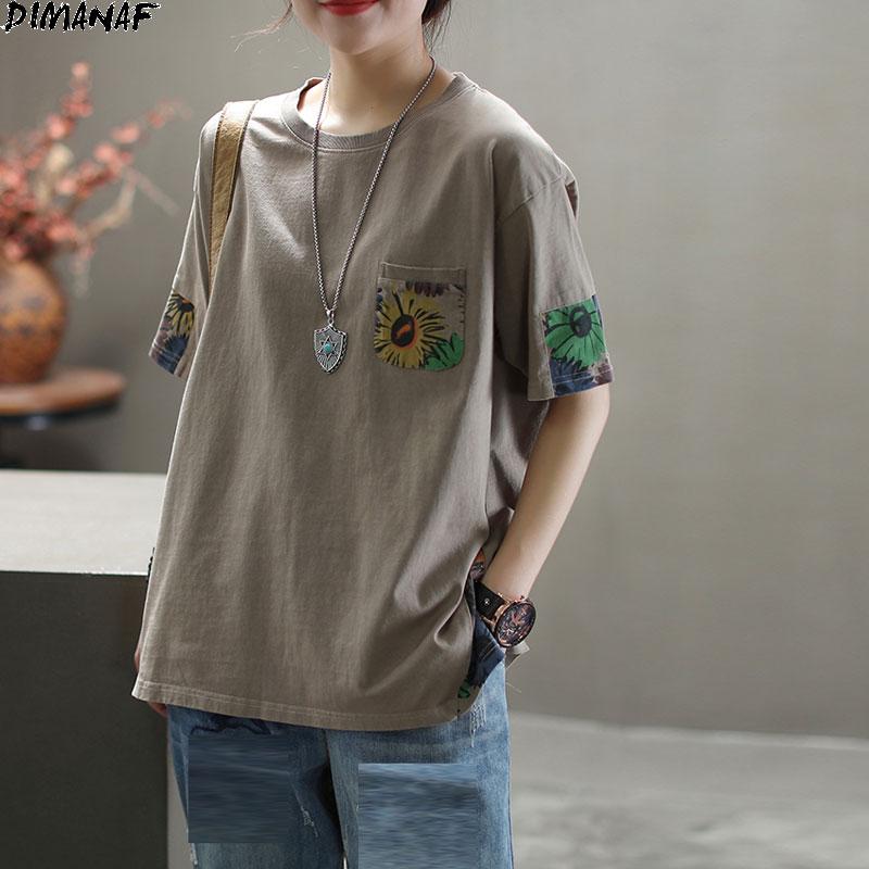 DIMANAF Повседневная футболка свободного кроя с цветочным принтом и лоскутным шитьем из хлопка для лета и дома