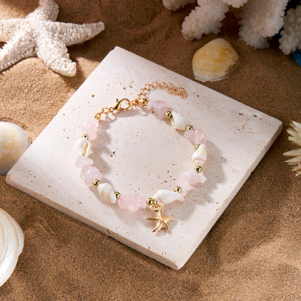 Boho Cowrie Shell Anklet for Women Natural Crystal Stone Beads Gold Color Starfish Charm Foot Chain Summer Beach Jewelry Gift