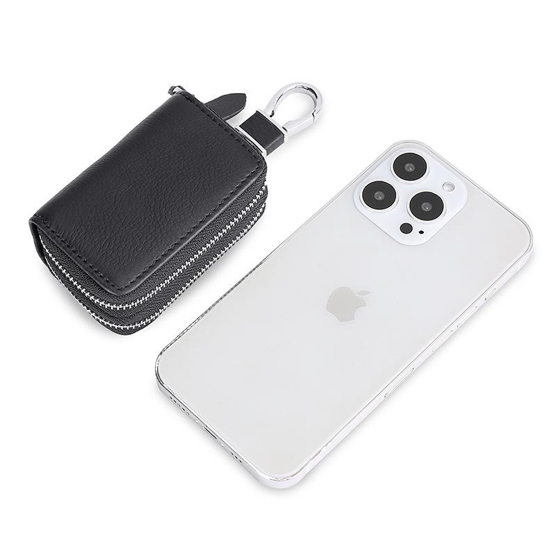 Genuine Leather Double Zipper Car Key Bag with Waist Hanging Key Chain for Men