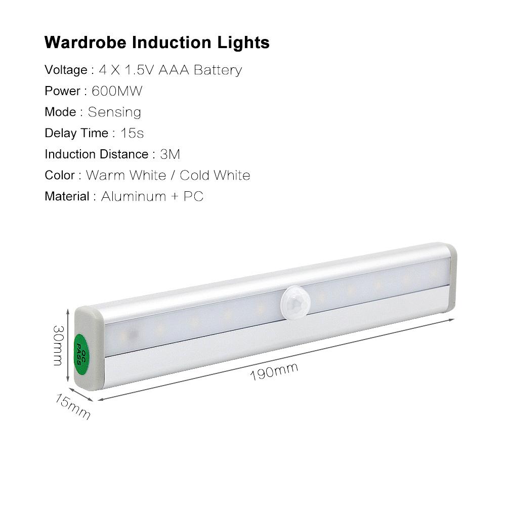 1 шт. светодиодные светильники под шкаф, PIR датчик движения, шкаф, 10 светодиодов, ночник для домашнего гардероба, спальни, коридора, шкафа, кухни