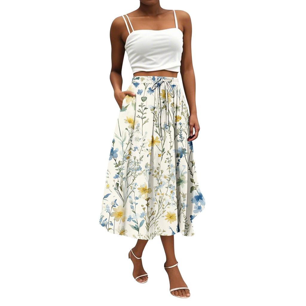 Women's Skirt Bohemian Flower Skirt Solid Color Casual Temperament With Pockets Skirt