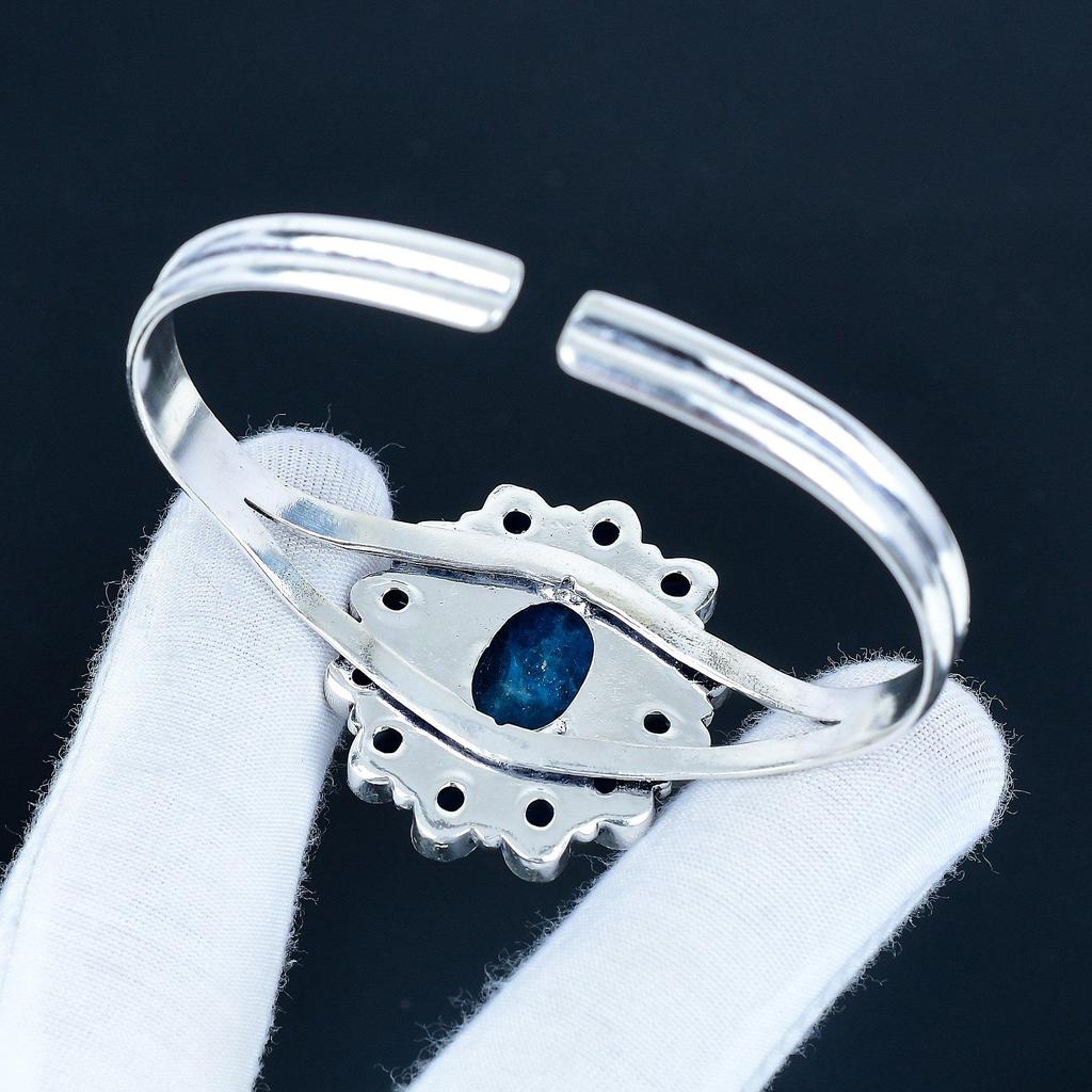 Натуральный Содалит Драгоценный Камень Ручной Работы Манжета Браслет 925 Стерлинговое Серебро Манжета Браслет, Браслет в Форме Цветка с Синим Сапфиром Для Жены, Унисекс Браслет