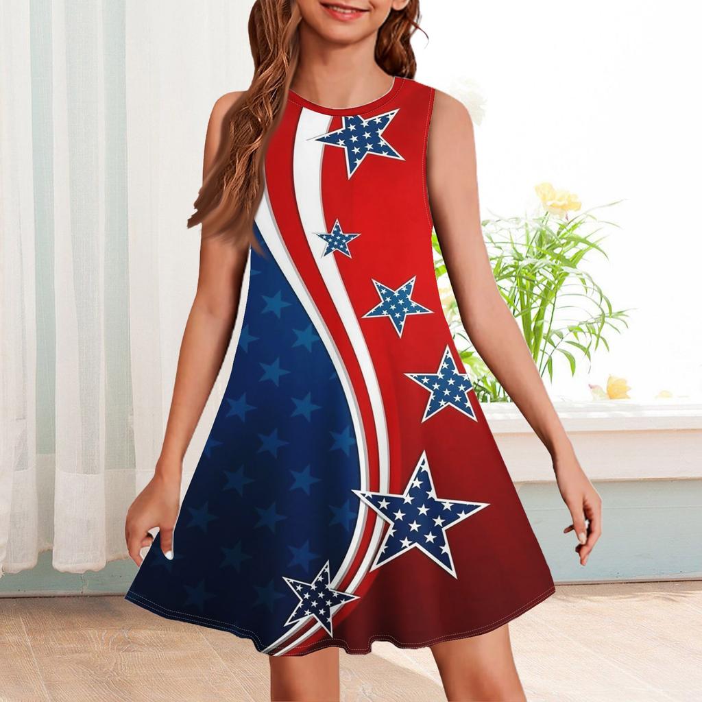 Girl Summer Dress Sleeveless Printed Color Casual Dress