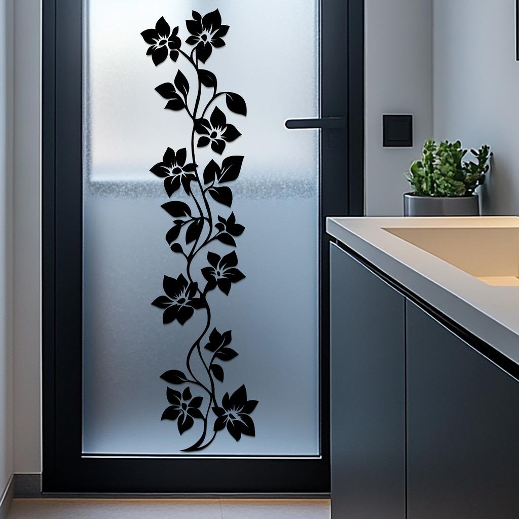 Minimalist Black Floral Vine Glass Stickers, Bathroom Door and Window Decorative Stickers