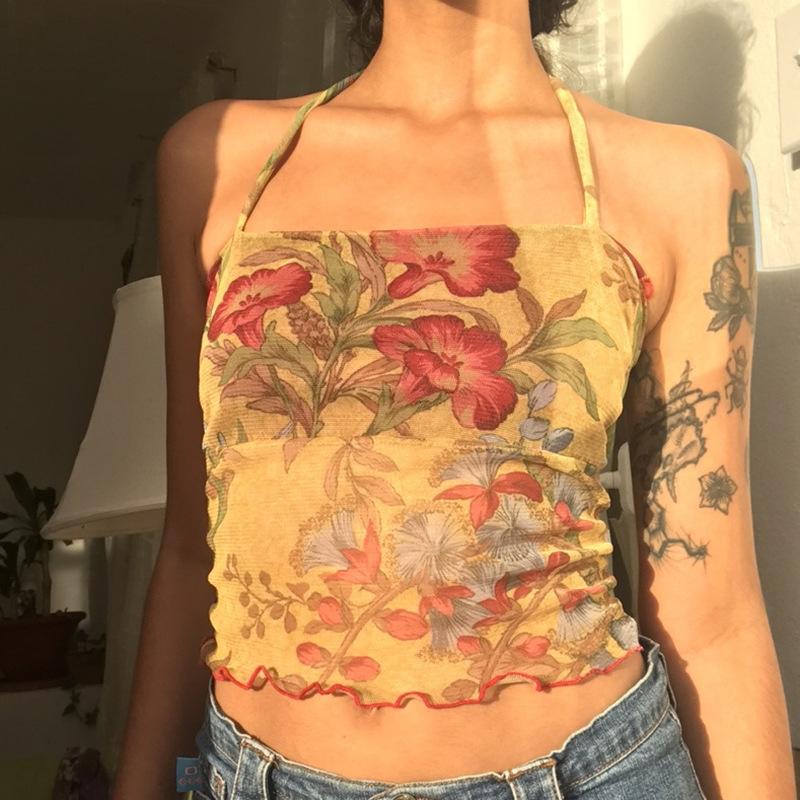 Y2K Mesh Sheer Floral T-shirt Vintage Halter Tops Women Sleeveless Slim Fit Crop Top Harajuku Streetwear