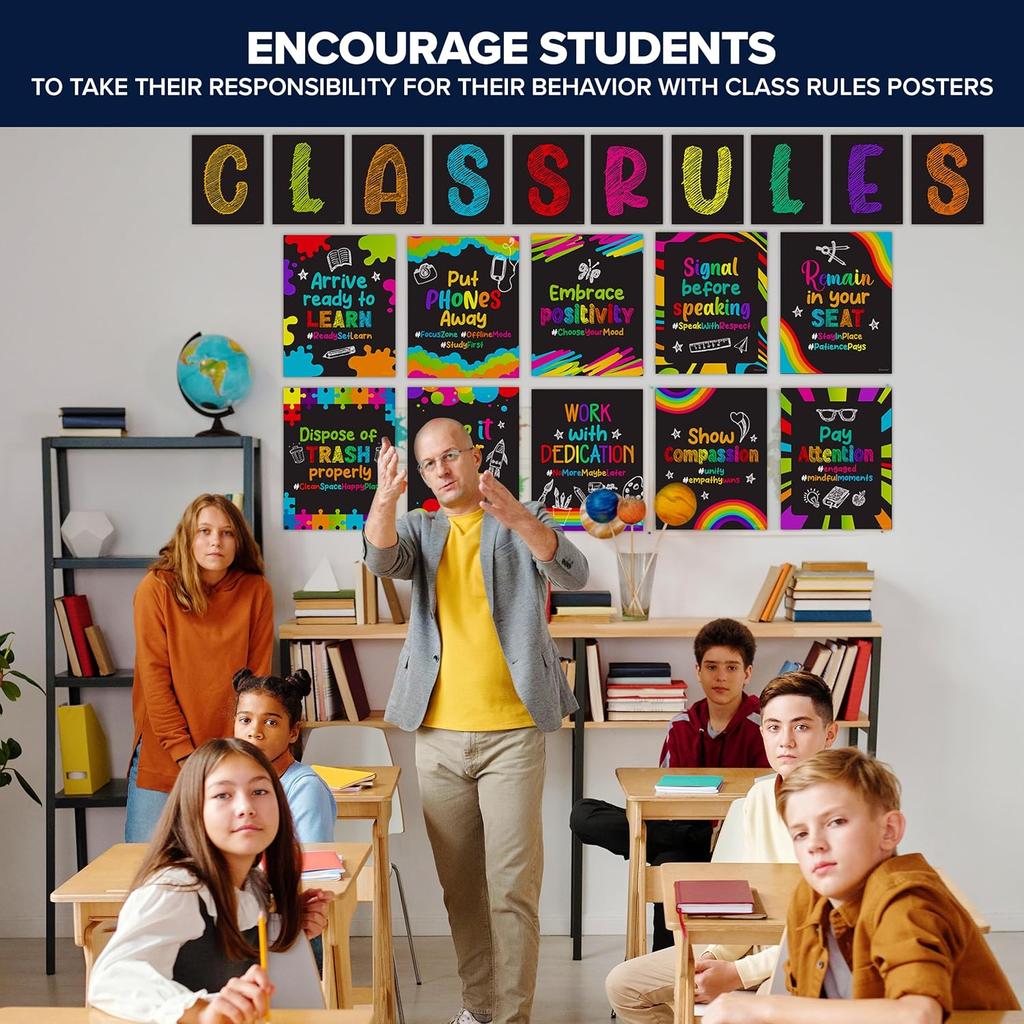 Decorably 20 Chalkboard Classroom Rules Poster High School, Middle and Elementary Class, pirational, Matte-Laminated School Banner Decor - for School