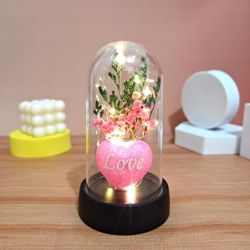 1 Piece Valentine's Day Gift Gypsophila Love Heart Flower Bouquet With Lamp Night Light Acrylic Cover Home Decoration Crafts
