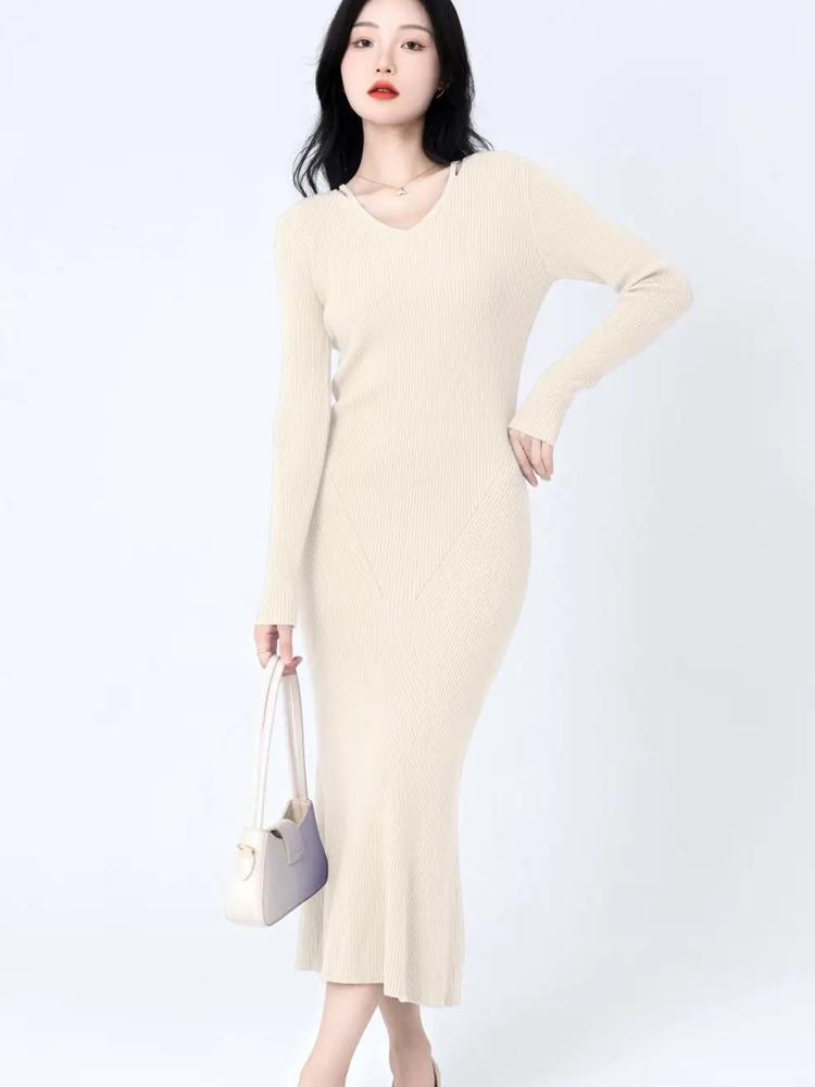 Нежное трикотажное платье для женщин, облегающее платье-свитер с внутренней обтяжкой, осень-зима 2025, элегантное женское трикотажное платье, трендовые наряды
